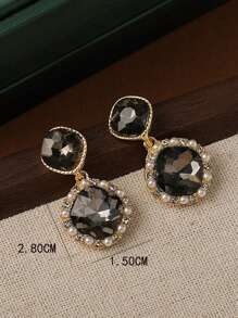 1 对黑色水钻和人造珍珠方形耳环，时尚高端耳环 - 黑色 - 查看 3