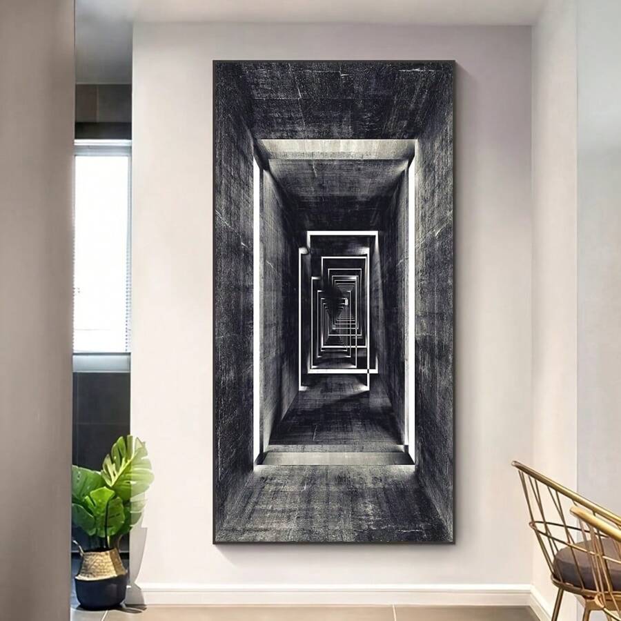 现代抽象深色方形隧道帆布艺术，无框科幻电影场景墙壁装饰，适用于客厅、卧室或走廊，无框架 - 黑色 - 查看 1