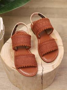 1 Pair Plus Size Brown Toddler/Little Girls Flat Sandals, Knitted Fabric Dual Strap Hook And Loop Back Heel Design Open Toe Fashion Luxury Cute Roman Style Sandals, Suitable For 3-16 Years Old Students For Casual, Holiday, Travel Wear, Spring/Summer 2025