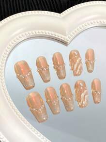 10 piezas de uñas postizas largas personalizadas, arte de uñas de cuatro estaciones, nuevo diseño de arte de uñas con estilo océano, diseño de patrón de paisaje DIY con perlas blancas, accesorios para uñas de color champán, uñas desmontables y reutilizables, polvo y brillo para uñas, adecuado para chicas y mujeres para usar en el escenario, fiestas de baile, fiestas, bodas, vacaciones. Uñas personalizadas, texto personalizado, imágenes personalizadas.