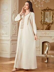 Elegant Long Dress With Arabic Embroidery And Beading, Minimalist Design - Apricot - View 5