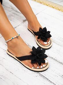 女士时尚鞋履黑色草编平底凉鞋休闲沙滩人字拖，草编鞋底，女士拖鞋 - 黑色 - 查看 4