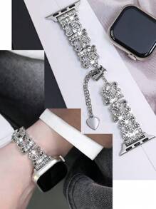 1pc Fashion Apple WatchBand Watch Strap Silver Bracelet Women,Geometric Floral Openwork Rhinestone Pattern Design Perfectly Fits The Wrist,Rhinestone Metal Shiny Strap, Compatible With Apple Watch Series 10/9/8/7/SE/6/5/4, 38mm 40mm 41mm 42mm 44mm 45mm 46mm 49mm, Smart Watch Strap, Bracelet Wristband Suitable For Her Gifts, Gifts To Friends,Adjustable AppleWatch Band