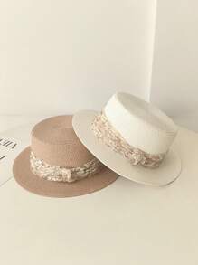 1pc Women's Solid Color Straw Flat Top Hat, New Spring/Summer Fashion, High Quality Elegant Elegant, Versatile, Atmosphere Reducing, Suitable For Traveling, Vacation, Gathering, Beach, Afternoon Tea, Party Use - Multicolor - View 2