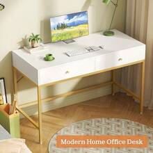 Vanity Desk With Drawers, 47 Inch Computer Desk, Modern Simple Home Office Desk, Makeup Dressing Table Bedroom - White And Gold, 7997G - White and Gold - View 5