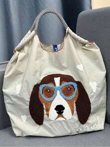 1 件新款休闲毛巾刺绣比格犬图案大容量尼龙手提包，适合派对、旅行、购物和海滩使用