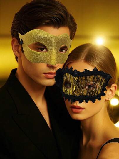 2pcs Glittery Gold & Black Lace Side Flower Couple Masks Made Of ABS Plastic, Suitable For Parties, Banquets, Celebrations, Festival, St. Patrick's Day, Carnival Halloween