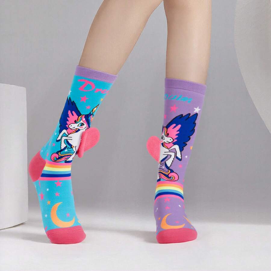 Little Girl Knee High Socks Cute Cartoon Pony Print Long Stockings Soft Child Fun Socks - 粉色 - 查看 1