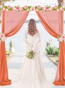 1/2pcs Orange Red Polyester Wedding Valance, Wedding Archway Fabric, Birthday Party Background Decoration, Wedding Party Bridal Shower Decor Room Decoration Supplies, Stair Fence Decor, Chair Back Decoration, Sheer Mesh Door Curtain, Gauze Table Runner, Table Cover, Banquets Party Supplies