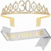 2 Pcs Wonderful Birthday Party Bag - Metal Rhinestone Headpiece And Silver Belt Ribbon Set, Suitable For Women Aged 30, 40, 50, 60, 70, 80 Celebrations - General Occasions - Bridal Showers, Weddings, Anniversary Decorations - No Electricity Required - Suitable For Women Aged 18+ - Gold - View 15