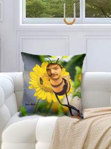 1pc Funny Bee & Flower Print Decorative Pillow Case, Customized Cushion Cover, Gag Gift For Friends, Creative Home Decor