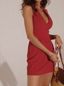 女士优雅 V 领无袖迷你连衣裙，红色，夏季 - 紅色 - 查看 4