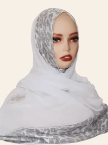 1pc Women Hijab Fashion Sequin Patchwork Leopard Print Scarf, Decorated With -Style Rhinestones, High-End Long Shawl, Suitable For Abaya