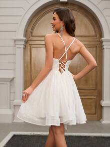 YUMIBRAVO Women's White Pleated Waist Elegant Ruffle Hem Spaghetti Strap Party Dress - White - View 7