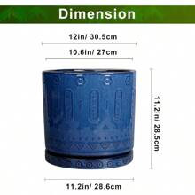 12 Inch Pot For Plants - Ceramic Planter For Indoor Plants Large Plant Pot With Drainage Holes And Saucer Outdoor Flower Pot Decorative Round Planter For Porch Office Decor Blue - 藍色 - 查看 3