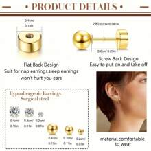 11pcs Gold Tone Ring & Earring Set - Multi-Hole Small Earrings, Surgical Steel Flat Back Earrings, Wood Stud Earrings, Unisex Cubic Zirconia Ball Earrings