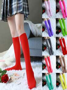 1双女士纯色天鹅绒学院风高弹力过膝袜，Y2K风格，舒适 - 彩色 - 查看 2