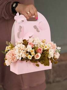 2pcs Craft Paper Gift Bags For Bouquet, Pink Bouquet Bags, Flower Box With Handle,3D Butterfly Rectangle Floral Wrap Packing Basket,Gift Paper Bags, Florist Bags For Birthday, Graduation,Mother's Day,Wedding Party Gift Decor - 2Pcs - View 2