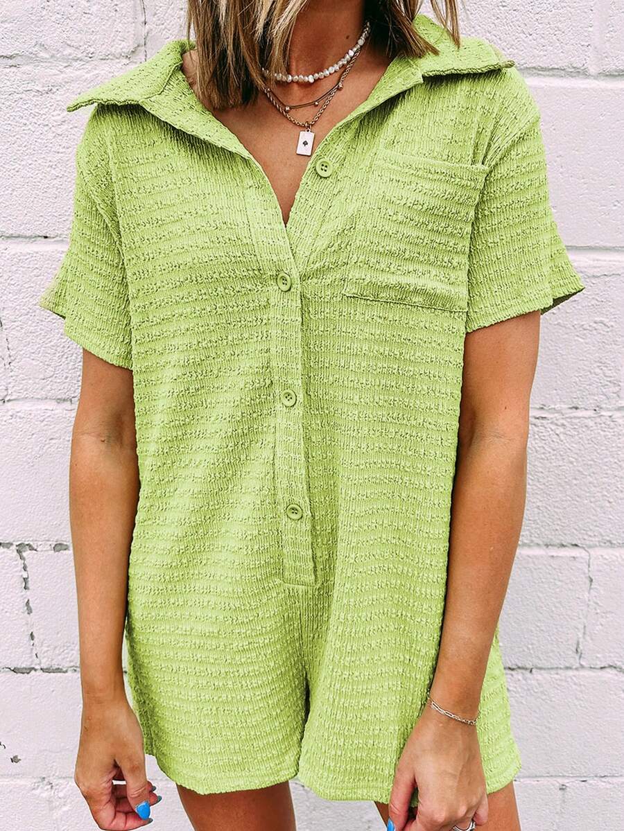 Acelitt Mono de camisa de manga corta con bolsillo y pantalón corto de mujer en color verde neón texturizado - Verde - Ver 1