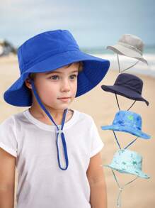 1pc Kids Sun Protection Bucket Hat With Windproof Rope, Simple Solid Color Or Cartoon Print Design, Thin Breathable Bucket Hat, Beach Hat And Bucket Hat Suitable For Daily Travel