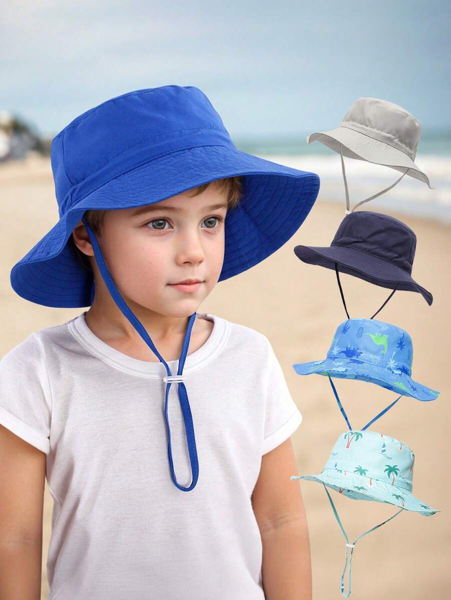 1pc Kids Sun Protection Bucket Hat With Windproof Rope, Simple Solid Color Or Cartoon Print Design, Thin Breathable Bucket Hat, Beach Hat And Bucket Hat Suitable For Daily Travel