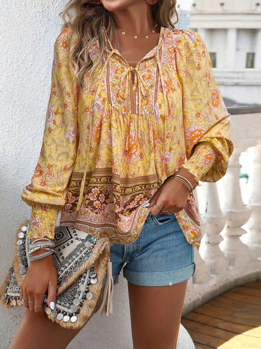 Women's Floral Boho Peasant Blouse With Long Sleeves And Tassel Tie - 黃色 - 查看 1