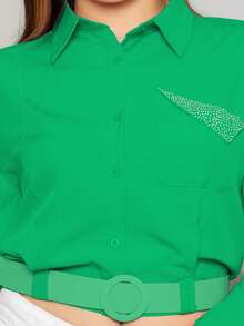 Camisa casual lisa con bolsillo de pedrería y cinturón para mujer de moda - Verde - Ver 5