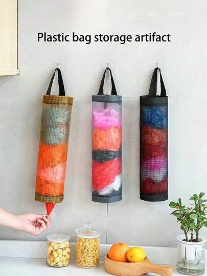 黄色/黑色格子壁挂式垃圾袋整理器，无钻塑料袋储物架，带弹性底部 - 大容量悬挂式分配器，用于存放杂货袋、鞋套、回收袋（多用途，适用于门、冰箱、厨房、浴室）