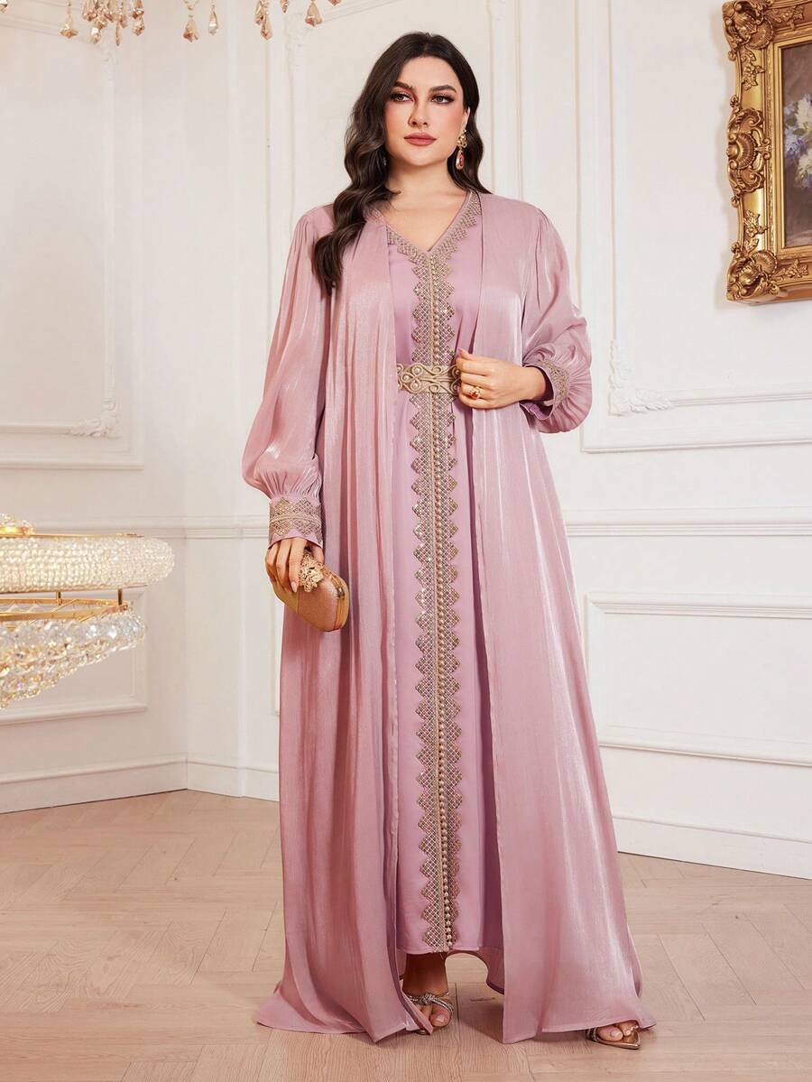 Plus Size Women Lantern Sleeve Patchwork Abaya Dress With Sleeveless Elegant Dress, Modest Kaftan - Dusty Pink - View 1