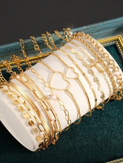 14pcs/Set Bohemian Style Heart Shaped Charm Bracelet Set For Women, Suitable For Holiday, Commuting, Daily Wear