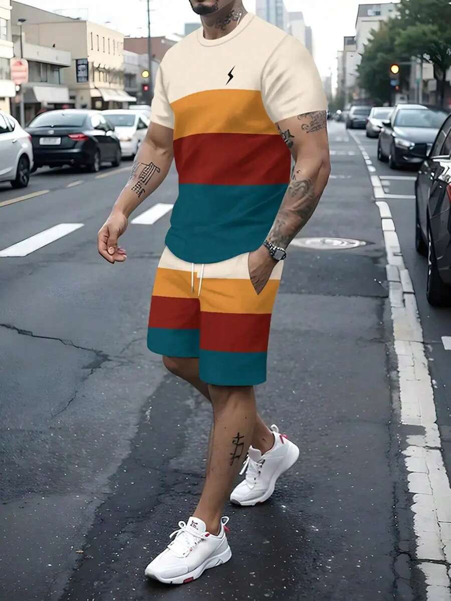 Men's Casual Color Block Short Sleeve T-Shirt And Shorts Set, Summer