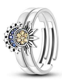 1 Pair Sun, Moon And Shiny Stars Design Copper Couple Rings With Colorful Zirconia Inlay