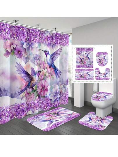 1/4 Piezas Conjunto de Cortina de Ducha con Colibri Morado, Cortina de Ducha Impermeable con Flores y 12 Ganchos, Alfombra Antideslizante de Baño, Alfombra en Forma de U para Inodoro, Tapa de Inodoro, Decoración de Baño, Conjunto de Cortina de Ducha, Accesorios de Baño, Flores para el Día de la Madre, Regalos Personalizados para Mamá, Regalos de Última Hora, Ideas para el Día de la Madre, Regalos para el Domingo de la Madre, Tarjetas Hechas a Mano para Mamá, Mejores Regalos para el Día de la Madre por Menos de $50 Decoración de Otoño Regreso a Clases