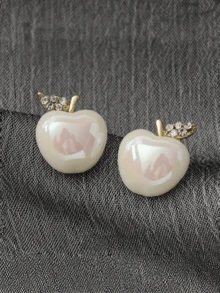 A Pair Of Cute Gold - Plated Rhinestone - Decorated Apple - Shaped Pearl Stud Earrings For Women Daily Wear