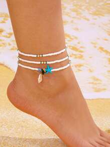 3pcs/Set Minimalist Devil Eye, Starfish, Seashell Bead Bracelet/Anklet Set, Suitable For Beach Vacation, Travel, And Party Wear - Multicolor - View 1