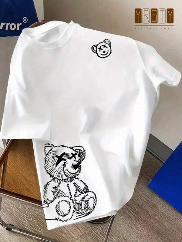 Youth Short-Sleeved Round Neck T-Shirt With Casual Bear Pattern And Symmetrical Design. The Pockets Are Made Of Micro-Elastic Knitted Fabric, Suitable For Spring And Summer.
