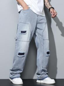Loose Denim Cargo Pants With Ripped Patchwork Design, Fashionable Washed Cotton Jeans