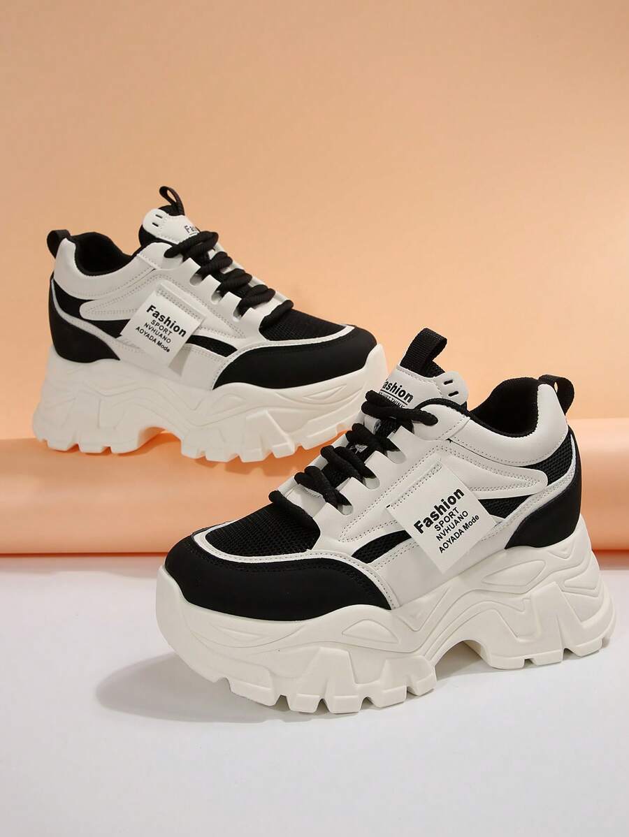 秋冬新款网眼休闲女式运动鞋，透气时尚百搭女士厚底坡跟运动鞋 - 黑色 - 查看 1