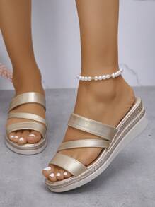 Sandalias de mujer, sandalias de moda de verano para mujer, sandalias doradas, cuña de plataforma gruesa, para uso en interiores y exteriores, chanclas de punta redonda con suela gruesa, calzado femenino
