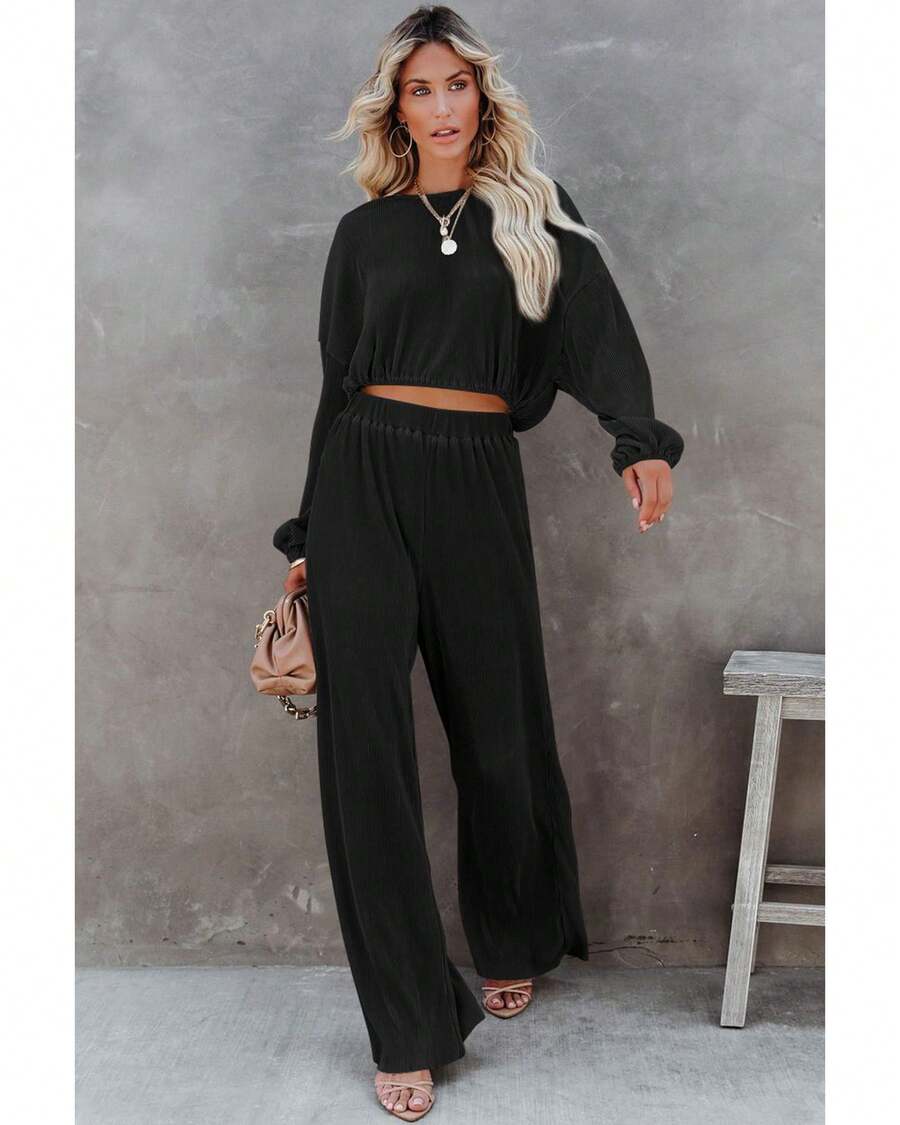 Black Corded Cropped Pullover And Wide Leg Pants Set Women - màu đen - Xem 1