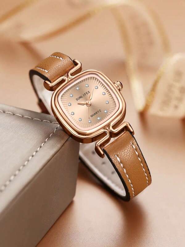 SUNLIFEX ساعة نسائية أنيقة وبسيطة وعصرية وكاجوال وعتيقة وعصرية ذات إطار مرصع بالرينستون وسوار جلدي وتصميم مربع