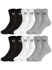 6pcs Fashion Heart Pattern Over-The-Knee Socks, Thick & Comfortable Daily Wear, Suitable For Sports, INS Korean Style, Home & Leisure, Fit All Men & Women, Moisture-Wicking, Soft, Suitable For Holidays, Sports, Leisure, Business, Black*Gray*White, Suitable For All Year Round Wear, 1pc/3pcs/6pcs - Multicolor - View 6