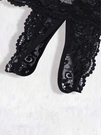 Zwart Verleidelijke Kanten Lingerie Set Featuring Bowknot Bralette Open Crotch Tanga Panties Going Out view 11