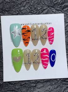 10 片纯手工可穿戴指甲，杏仁形指甲，高品质优雅简约设计指甲，卡通配色系统，个性化涂鸦，跳跃指甲，全覆盖假指甲，Y2K 指甲，压花指甲