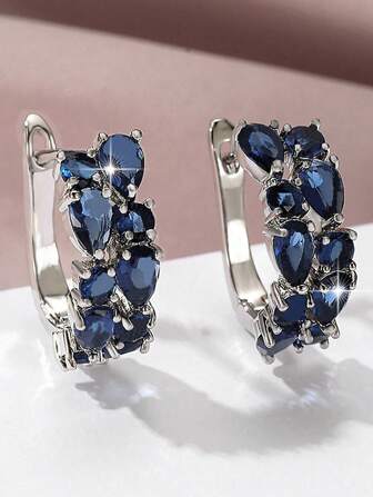 1對華麗的藍白鋯石舖面優雅時尚的圓形裝飾耳環,奢華派對珠寶,適用於女性