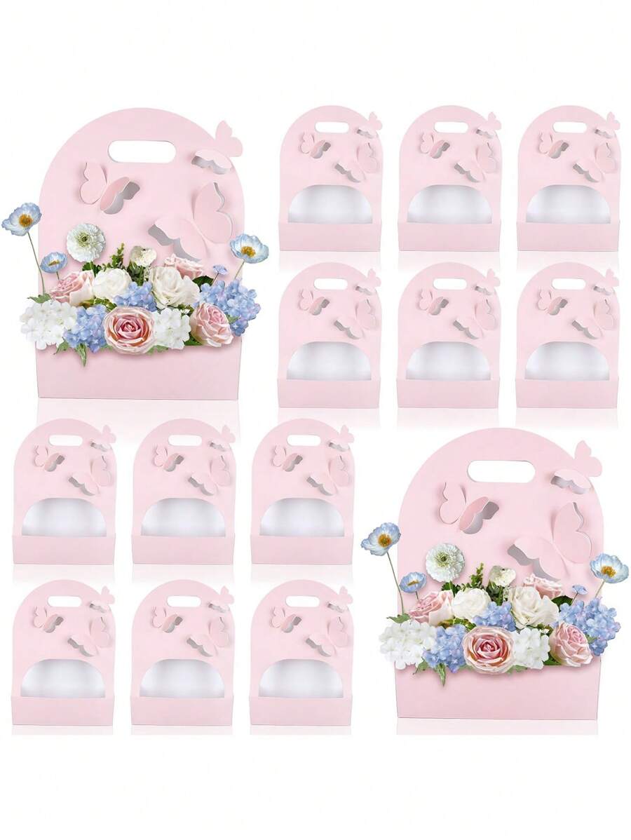 2pcs Craft Paper Gift Bags For Bouquet, Pink Bouquet Bags, Flower Box With Handle,3D Butterfly Rectangle Floral Wrap Packing Basket,Gift Paper Bags, Florist Bags For Birthday, Graduation,Mother's Day,Wedding Party Gift Decor - 2Pcs - View 1