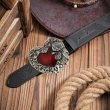 1pc Men/Women Retro Rose & Heart Engraved Buckle Leather Belt, Personalized Casual Waist Belt Suitable For Jeans, Ideal For Teen, Summer, Casual, Outdoor, Athletic, Vacation, Travel, Graduation, Birthday, Daily Wear