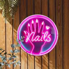 Vivid Neon "Nail" Sign - Circular Aluminum Wall Art With Pink And Purple Glow, Great For Home, Bar, Cafe Decor - Fashionable Tin Art, Perfect Gift For Friends, Family, DIY Lovers, Neon Sign For Wall Decoration, Random Hole Design Gifts Birthday Graduation