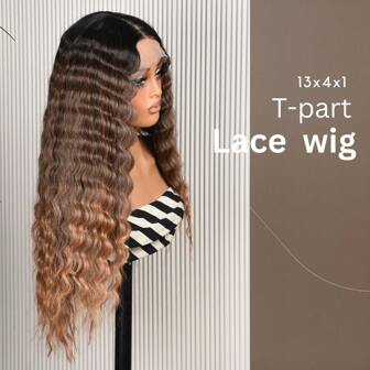 Synthetic Lace Front Wig 13x4X1 T-Part Synthetic Lace Frontal Wig Pre-Plucked Crimps Curls Wigs Deep Wave Curly Wigs For Women 30inch Beginner Friendly Wigs Ombre Honey Blonde Highlight Middle Part Wig