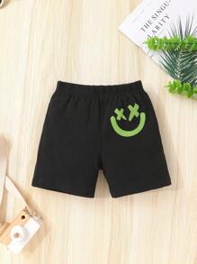 Set de 2 piezas, informal y lindo para niños pequeños, de algodón, suave, cómodo, transpirable, con capucha con estampado 3D de cara sonriente y pantalones cortos deportivos de unicolor, adecuado para el verano, el día a día, vacaciones y fiestas